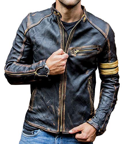 Herren-Motorradjacke, echtes Leder, Vintage-Stil, Schwarz Gr. Small, Schwarz von Premium Leather Products