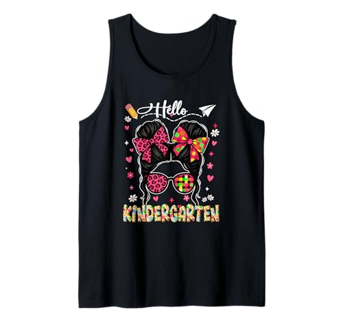 Hello Kindergarten Kid Girl Messy Bun Leopard Sunglasses Tank Top Hello Kindergarten Kid Girl Messy Bun Leopard Sunglasses Tank Top von Preschool Back To School Costume