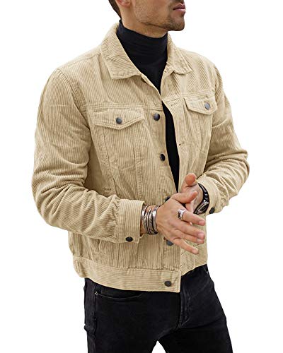 Herren Cordjacke, Slim Fit, Vintage, lässig, Herbst, leichter Trucker-Mantel - Beige - XX-Large von Pretifeel