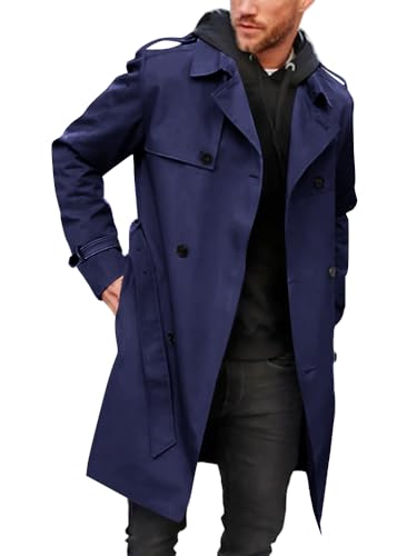 Pretifeel Herren-Trenchcoat, schmale Passform, zweireihig, lang, gekerbter Revers-Gürtel, winddichter Herbstmantel, Marineblau, M Pretifeel Herren-Trenchcoat, schmale Passform, zweireihig, lang, gekerbter Revers-Gürtel, winddichter Herbstmantel, Marineblau, M von Pretifeel