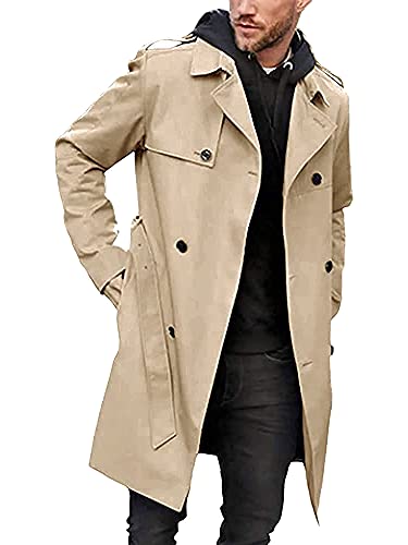 Pretifeel Herren Trenchcoat Slim Fit Zweireiher Lange Jacke Eingekerbt Revers Gürtel Herbst Winddicht Mantel, Khaki, M von Pretifeel