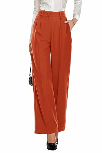 PrinStory Damen Hose Mit Weitem Bein Leichte Elastische Taille Sommer Hose Mit Taschen Kausale Büro Business Hosen (Orange, 34-36) von PrinStory