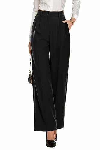 PrinStory Damen Hose Mit Weitem Bein Leichte Elastische Taille Sommer Hose Mit Taschen Kausale Büro Business Hosen (Schwarz, 40-42) von PrinStory