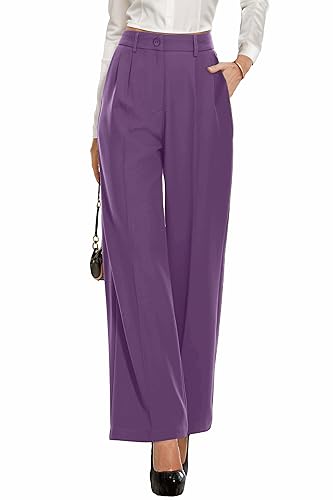 PrinStory Damen Hose Mit Weitem Bein Leichte Elastische Taille Sommer Hose Mit Taschen Kausale Büro Business Hosen (Violett, 42-44) von PrinStory