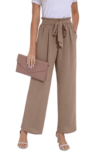 PrinStory Damen Hose Mit Weitem Bein Leichte Sommerhose Elegante Hose Palazzo Hose Mit Gürtel (Taupe, S) von PrinStory