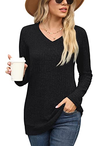 PrinStory Damen Langarmshirts V-Ausschnitt Sweatshirt Lässig Tunika Einfarbig Pullover EU Size 36-38 (Schwarz, S) von PrinStory