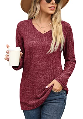 PrinStory Damen Langarmshirts V-Ausschnitt Sweatshirt Lässig Tunika Einfarbig Pullover EU Size 46-48 (Rot, XXL) von PrinStory