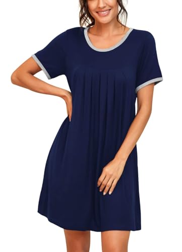 PrinStory Damen Nachtwäsche Plissee Rundhalsausschnitt Kurzarm Nachthemden Für Damen Nachtkleid Weiche Schlafhemd (Marineblau, XXL) von PrinStory