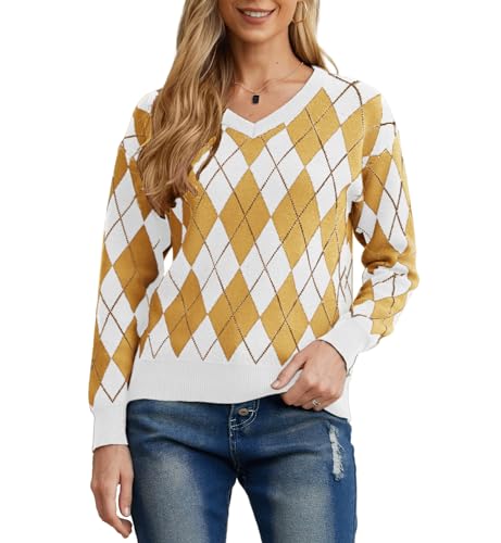 PrinStory Damen Pullover Langen Ärmeln Sweatshirts V-Ausschnitt Weiche Aufeinandertreffende Farben Strickpullover Lässige Strickwaren (FP Hellbraun, XXL) von PrinStory