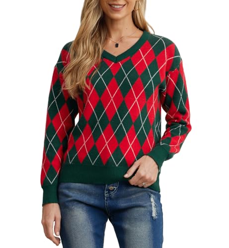 PrinStory Damen Pullover Langen Ärmeln Sweatshirts V-Ausschnitt Weiche Aufeinandertreffende Farben Strickpullover Lässige Strickwaren (FP Rot Grün, L) von PrinStory