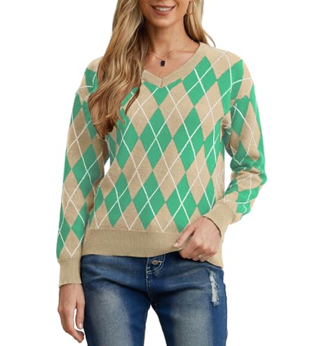 PrinStory Damen Pullover Langen Ärmeln Sweatshirts V-Ausschnitt Weiche Aufeinandertreffende Farben Strickpullover Lässige Strickwaren (FP Seegrün, XL) von PrinStory