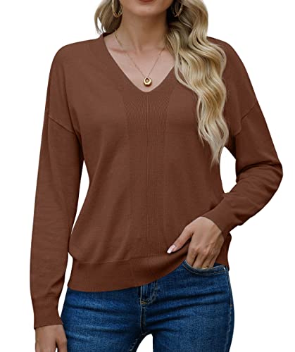 PrinStory Damen Pullover Mit V-Ausschnitt Strick Langärmelig Für Damen Einfarbig Sweatshirts Geschenke Für Frauen (Braun, S) von PrinStory