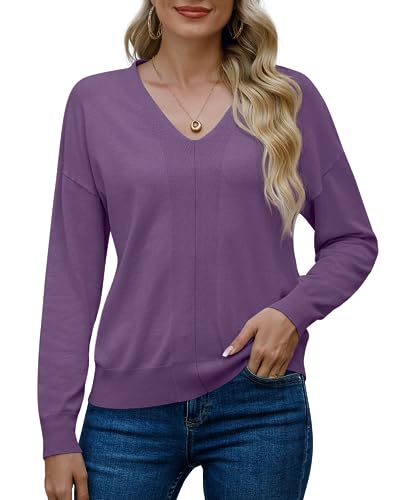 PrinStory Damen Pullover Sweaters Für Damen V-Ausschnitt Kausale Sweatshirts Langarmshirt Damen Warm Winter Herbst Strickwaren (Violett, S) von PrinStory