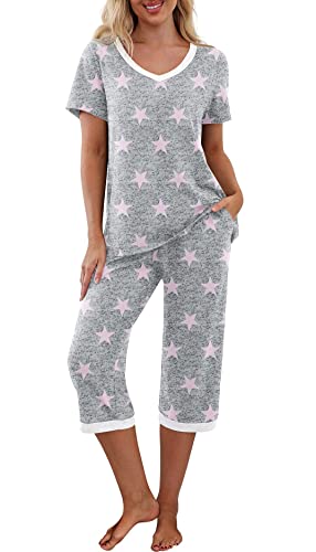 PrinStory Pyjama-Set für Damen, Kurzarmhemd und Caprihose, Nachtwäsche-Sets mit Taschen, 46 von PrinStory