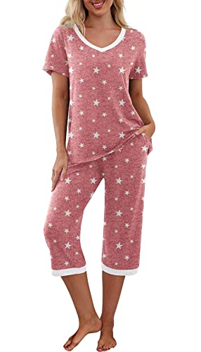 PrinStory Damen Pyjama Set Kurzarm Hemd und Caprihose Nachtwäsche Pjs Sets mit Taschen, Sterne weiß-rot, 42 von PrinStory