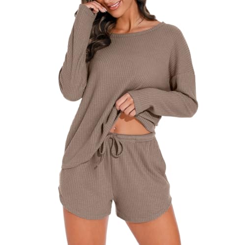 PrinStory Damen Schlafanzug Langarm Pyjama Set Waffelstrick Nachtwäsche Rundhals Oberteil Und Pyjamahose (Khaki, L) von PrinStory