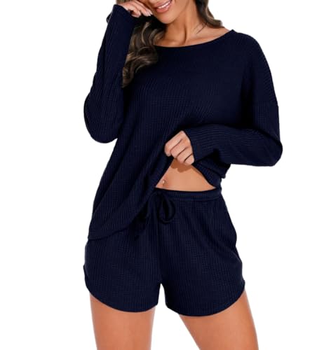 PrinStory Damen Schlafanzug Langarm Pyjama Set Waffelstrick Nachtwäsche Rundhals Oberteil Und Pyjamahose (Marineblau, XL) von PrinStory