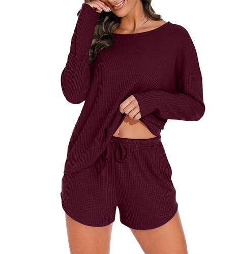 PrinStory Damen Schlafanzug Langarm Pyjama Set Waffelstrick Nachtwäsche Rundhals Oberteil Und Pyjamahose (Weinrot, M) von PrinStory