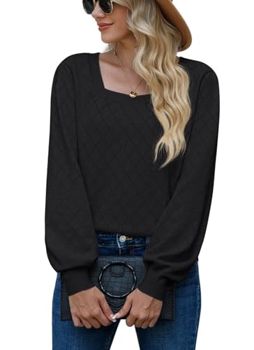 PrinStory Damen Strickpullover Langen Ärmeln Pullover Quadratischer Ausschnitt Elegante Sweaters Lässige Strickwaren (Schwarz, L) von PrinStory