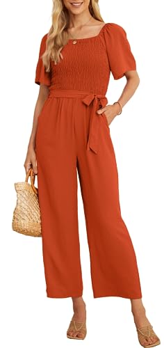 PrinStory Jumpsuits Damen Quadratischer Halsausschnitt Puffy Short Sleeve Stretchy Tops Hose Mit Weitem Bein Und Bündchen Damen Strand Party Sommer Playsuit (Orange, S) von PrinStory