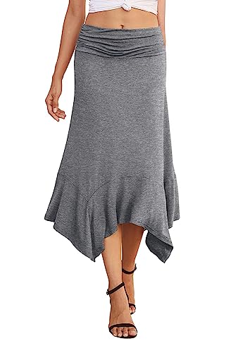 PrinStory Midi Rock Damen Sommer Casual Röcke Frauen Gummi Breiten Gerafften Bund Soft Fit Flowy Taschentuch Saum Rock (Dunkelgrau, S) von PrinStory