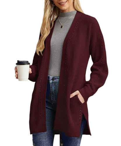 PrinStory Strickjacken Für Damen Lange Übergröße Cardigan Offene Vorderseite Weihnachts Strickjacke Mit Tasche Strickwaren Winterpullover (Weinrot, XL) von PrinStory