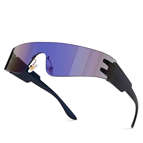 Pro Acme Futuristische Randlose Sonnenbrille für Herren Damen - Trendige Partybrille Reflektierende Sonnenbrille Verspiegelt (Schwarz Rahmen | Blau Linse) von Pro Acme