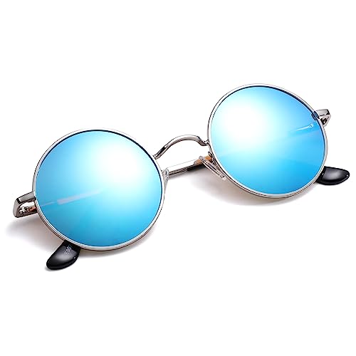 Pro Acme Retro Kleine Runde Polarisierte Sonnenbrille für Männer Frauen John Lennon-Stil (Silber Rahmen | Blau Gespiegelte Linse) von Pro Acme
