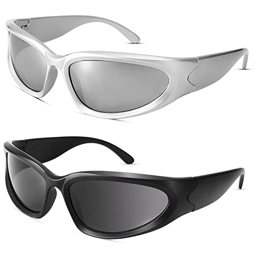 Pro Acme Sonnenbrille Herren Sport Fahrradbrille Sonnenbrille UV400 Sportbrille für Damen Futuristische Sonnenbrille (B1 Silber Rahmen Silber Linse + Schwarz Rahmen Grau Linse) von Pro Acme