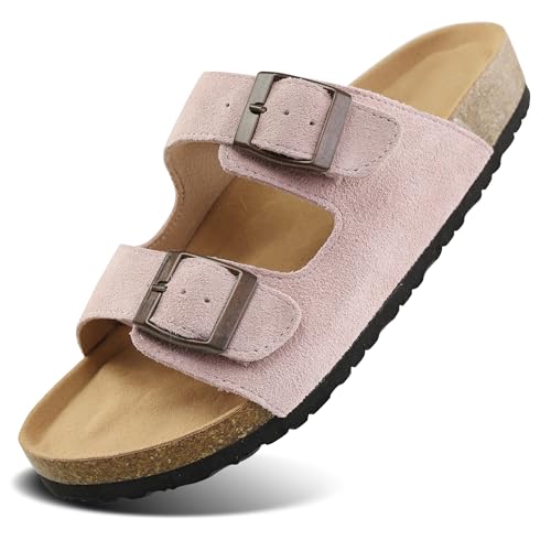 Procity Damen Herren Pantoffel Echtleder Hausschuhe Clogs mit Kork-Fußbett und 2 verstellbaren Riemen K Pink 38 von Procity