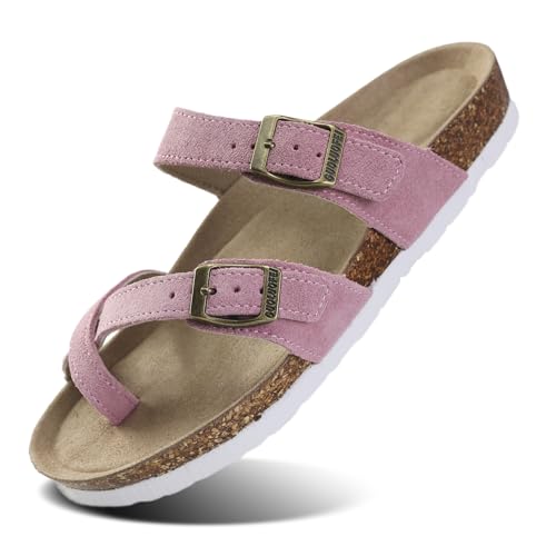 Procity Zehentrenner Pantoffel Damen Herren Echtleder Hausschuhe Clogs mit Kork-Fußbett und 2 verstellbaren Riemen M Pink 40 von Procity