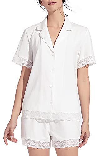 Prodesign Damen Schlafanzug Sommer Pyjama Set Baumwolle Einfarbiger Zweiteiliger Schlafanzug Kurzarm/Langarm und Pyjamahose Housanzug (Weiß, m) von Prodesign