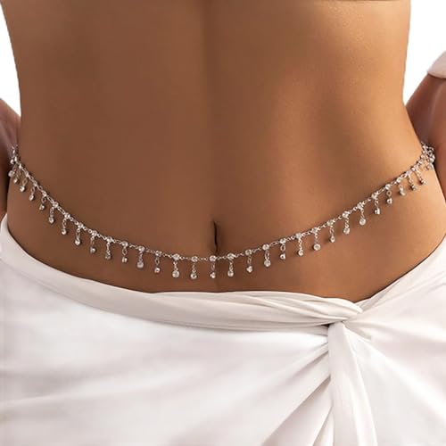 Prosy Quaste Kristall Taillenkette Strass Körperkette Bauchketten Gürtel Sommer Strand Modeschmuck Einstellbar für Frauen und Mädchen (Silber) von Prosy