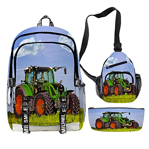 Proxiceen Schulrucksäcke Jungen Mädchen Traktor Bedruckte Schultaschen Nylon Canvas Wasserdichte Rucksäcke 3-teiliges Set von Proxiceen