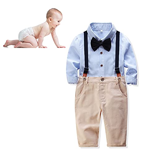 Baby Boy Gentleman Outfits Anzüge Streifenhemd Hosenträger Hosen Fliege Anzug Set für Party oder Alltag(Hellblau 80cm) von Pssopp