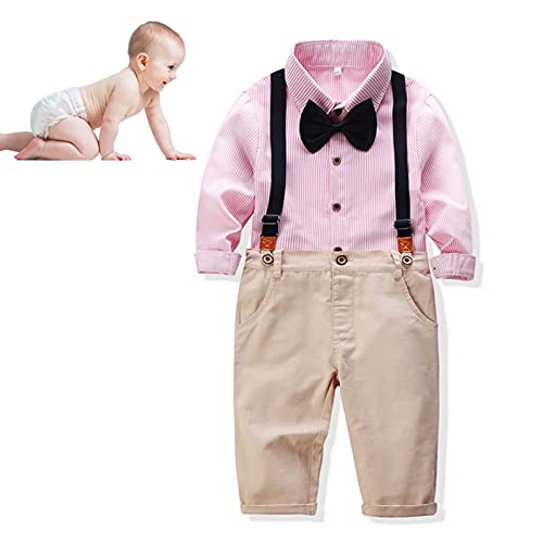 Pssopp Baby Jungen Kleidung Set Baby Boy Gentleman Anzüge Exquisite Streifen Shirt Hosenträger Hosen Fliege Anzug Set(Rosa 90cm) von Pssopp