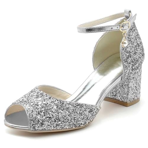 Frauen Glitter Schnalle Hochzeit Elfenbein Braut Moderne Peep Toe Pailletten Chunky Weiß / 6 cm Ferse von PuPLUM