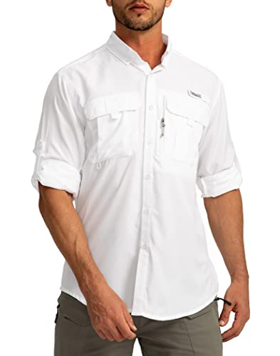 Herren Sonnenschutz Angelhemden Langarm Reise Arbeitshemden für Herren UPF50+ Button Down Shirts mit Reißverschlusstaschen, Weiß, X-Groß von Pudolla