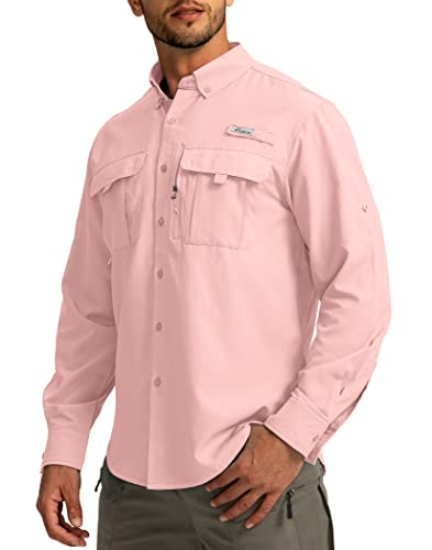 Herren Sonnenschutz Angeln Hemden Langarm Reise Arbeit Hemden für Männer UPF50+ Button Down Shirts mit Reißverschlusstaschen, Hellrosa, XL von Pudolla