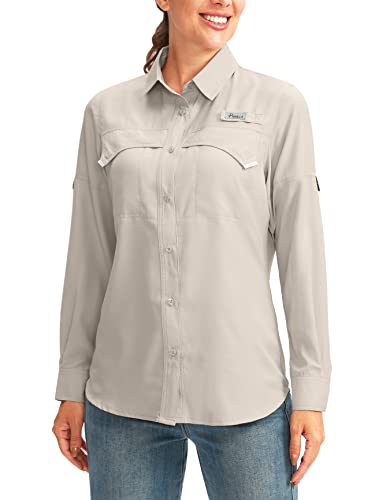 Pudolla Damen UPF 50+ UV Sonnenschutz Shirts Langarm Angeln Wandern Shirt Cool Leicht Reise Safari Shirts, Hellkhaki, Klein von Pudolla