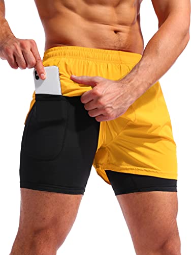 Pudolla Herren 2-in-1 Laufshorts 12,7 cm schnell trocknende Gym Athletic Workout Shorts für Herren mit Handytaschen, Orange (Flame Orange), Groß von Pudolla