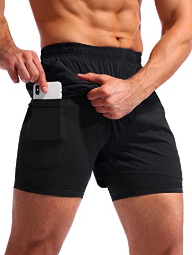 Pudolla 2-in-1-Laufshorts für Herren, 12,7 cm, schnelltrocknend, für Fitnessstudio, athletische Workout-Shorts für Herren, mit Handytaschen, Schwarz, S von Pudolla