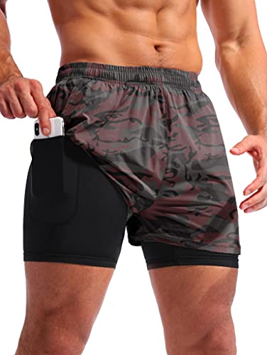 Pudolla Herren 2 in 1 Laufshorts 5 Zoll schnell trocknend Gym Athletic Workout Shorts für Männer mit Handytaschen, rot camouflage, Groß von Pudolla