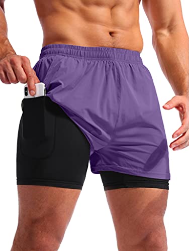 Pudolla Herren 2 in 1 Laufshorts 5 Zoll schnell trocknend Gym Athletic Workout Shorts für Männer mit Handytaschen, violett, X-Groß von Pudolla