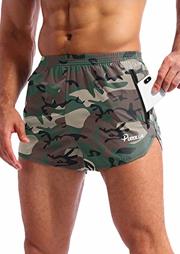 Pudolla Herren-Laufshorts 7,6 cm, schnell trocknend, für Fitnessstudio, athletische Workout-Shorts für Herren, mit Reißverschlusstaschen, G Camo Green, Klein von Pudolla