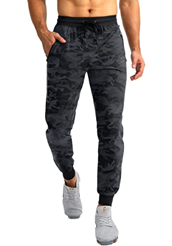 Pudolla Leichte Herren-Jogginghose für Workout, Laufen, schmal zulaufende Jogginghose für Herren, mit Reißverschlusstaschen für sportliche Reisen, Freizeit, Schwarz-Camo, Groß von Pudolla