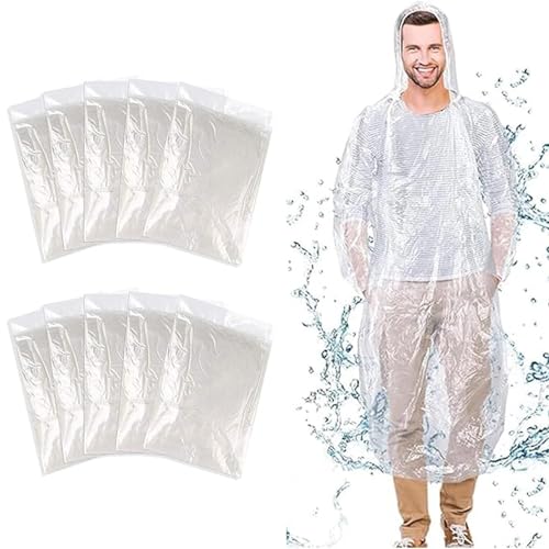 10 Stück Durchsichtig Regenponcho, Einweg Regenponcho Damen Herren, Regen Poncho mit Kapuze und Elastische Manschette, Wasserdicht Regencape Transparent von Puedno