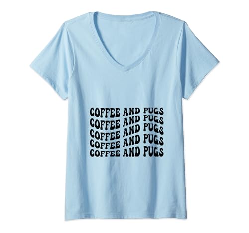 Damen Retro Kaffee und Mops Mops Hund Besitzer Hunde T-Shirt mit V-Ausschnitt von Pug Dog Lover Gifts Pugs