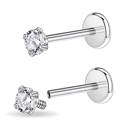 PunkTracker 16g/18g Chirurgenstahl Innengewinde CZ Stud Piercing Schmuck für Tragus/Nase/Helix/Conch/Medusa/Lippe/Labret - Helix Tragus Knorpel Ohrring für Damen Herren 2 Stück von PunkTracker