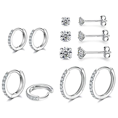 6 Paar Silber Ohrringe für Damen, Cubic Zirkonia Sterling Silber Ohrringe Schmuck für Damen, Hypoallergene Knorpel Helix Tragus Ohrring, Hoop Stud Ohrringe Damen von PunkTracker